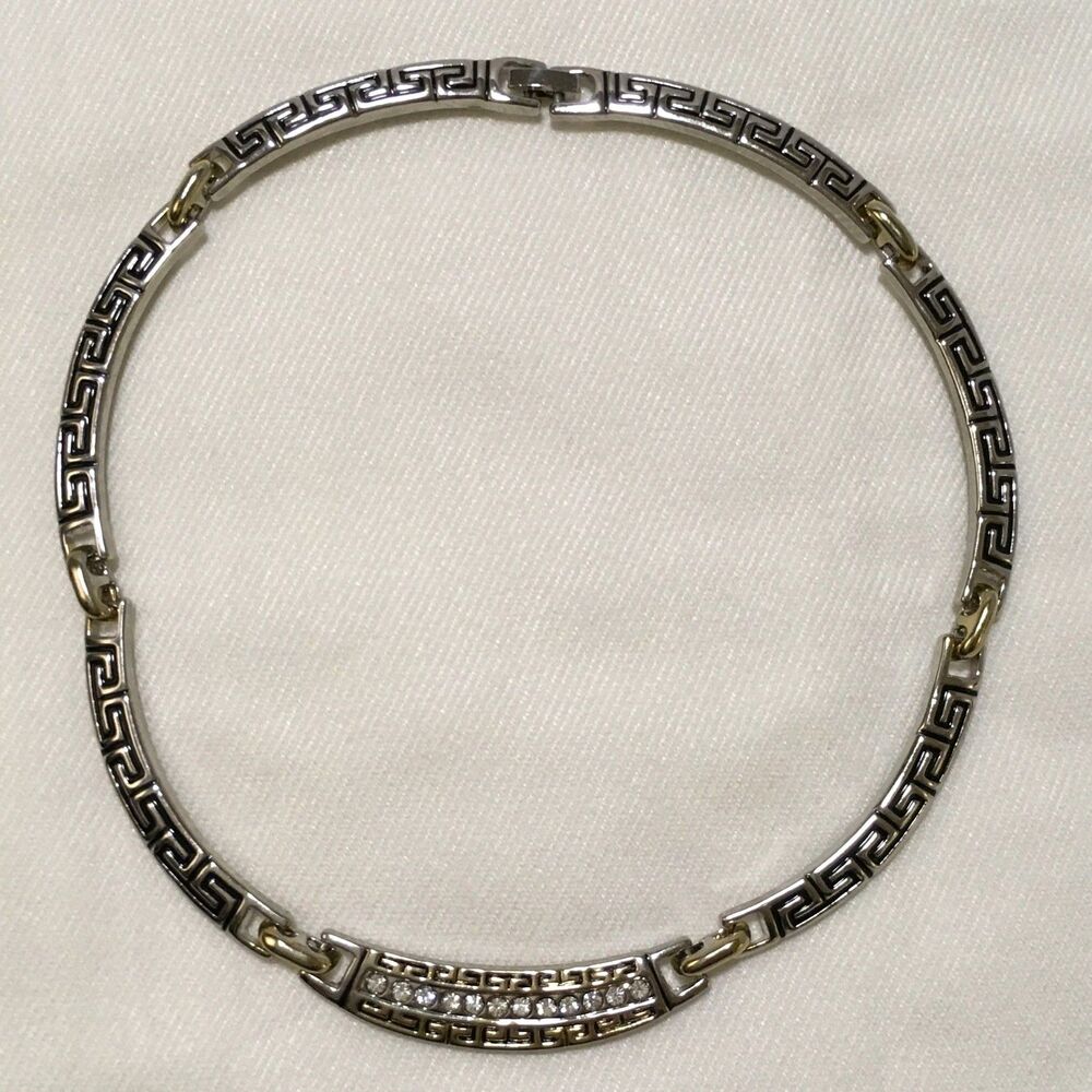 Vintage Geometric Silver Gold Tone Collar Necklace Long bar Links Snap Clasp